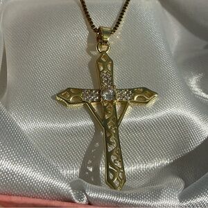 Gold Cross Cz Diamond Pendant With Filagree Detailing Necklace